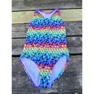 Speedo One Piece Swimsuit Girls Sz 16 Racerback Rainbow Geometric Lined Beach